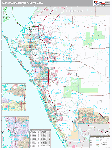 Sarasota Bradenton Fl Metro Area Zip Code Wall Map Premium Style By Marketmaps Mapsales 5904